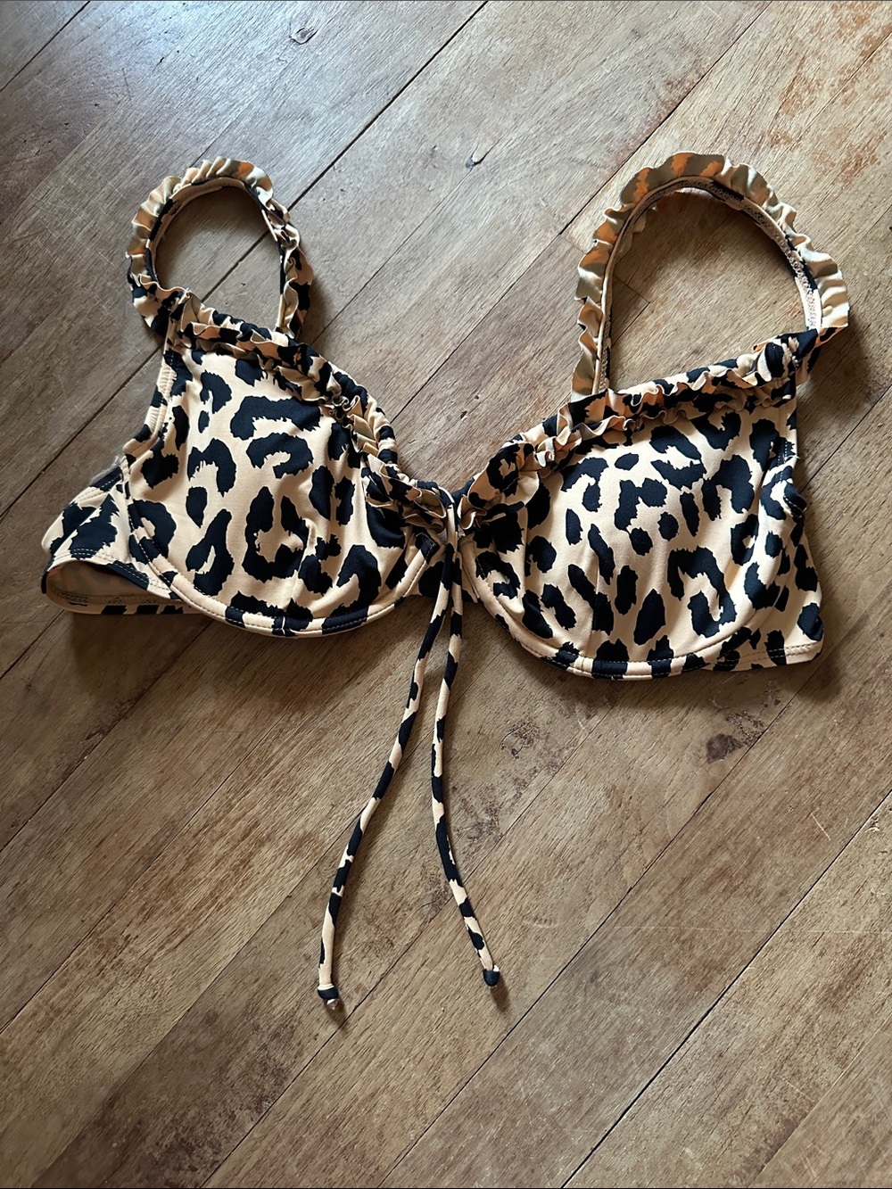 Leopard Print Ruffle Bikini Top - Tan & Black - Size M